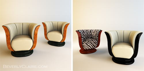 Art Deco tulip chairs, in three types of veneer and upholstery.