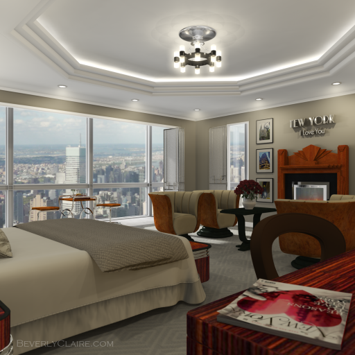 3D visualization of chandelier in an Art Deco-style hotel room